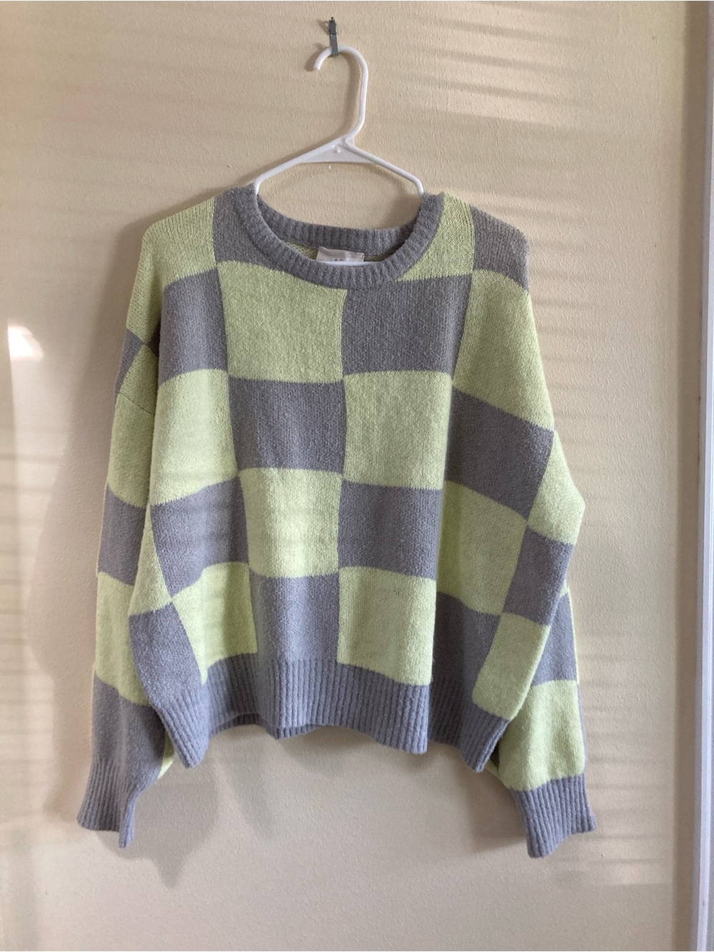 Fantastic Fawn Checkerboard Crewneck Sweater in Light, neon Green and Gray